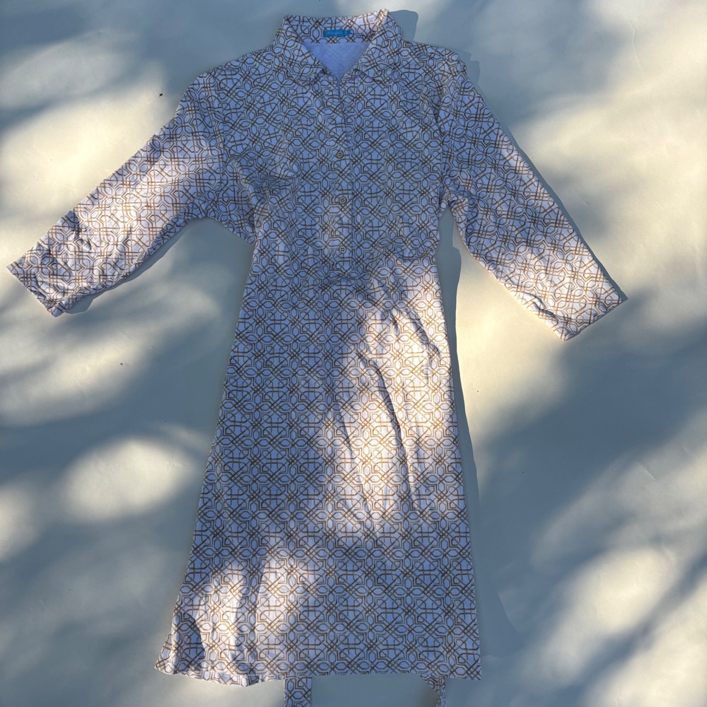 J.McLaughlin Catalina Cloth Geometric Shirtdress XL White Tan 3/4 Sleeve Belted